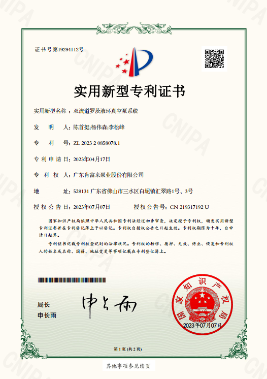 实用新型专利证书-双流道罗茨液环真空泵系统